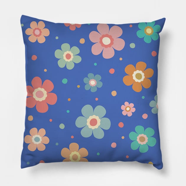 Cute Multicolour Flower Pattern On Blue Pillow by Cato99