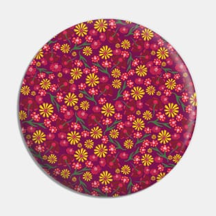 Scattered yellow and pink flowers on a purple background. Pin