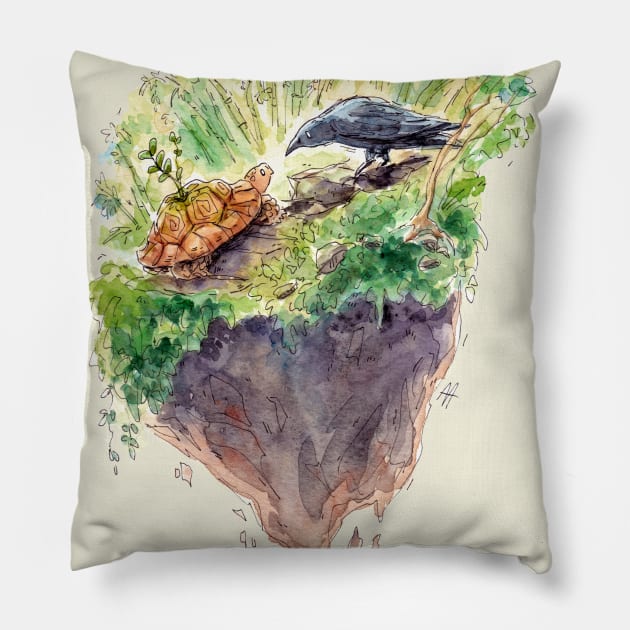 Tortoise and Crow Friends Pillow by Rumpled Crow