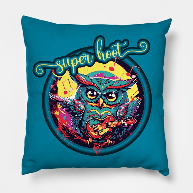 Super Hoot, Funny Owl Design for Musicians Pillow by DeliriousSteve