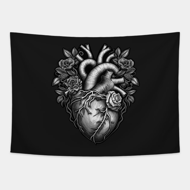 Heart and Flowers (Monochrome) Tapestry by iconymous