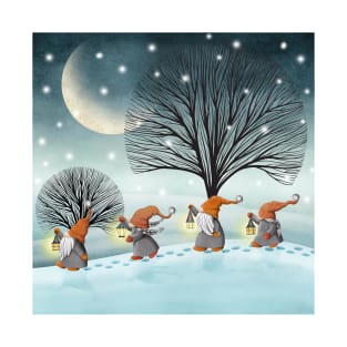 Scandinavian gnomes walking on snow hills with vintage lanterns. Fantasy watercolor illustration. Winter night forest. Moon night snowy landscape T-Shirt