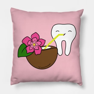 Cute Molar drinking coconut water illustration - for Dentists, Hygienists, Dental Assistants, Dental Students and anyone who loves teeth by Happimola Pillow