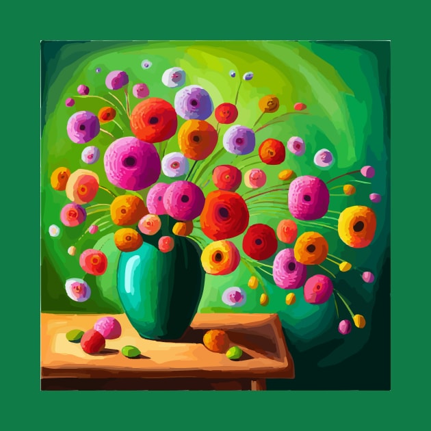 Cute Abstract Flowers in a Green Vase Still Life Painting by bragova