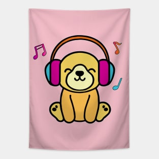Happy smiling baby dog puppy with headphones. Kawaii cartoon Tapestry