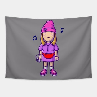 Cool Girl Listening Music With Earphone Cartoon Tapestry