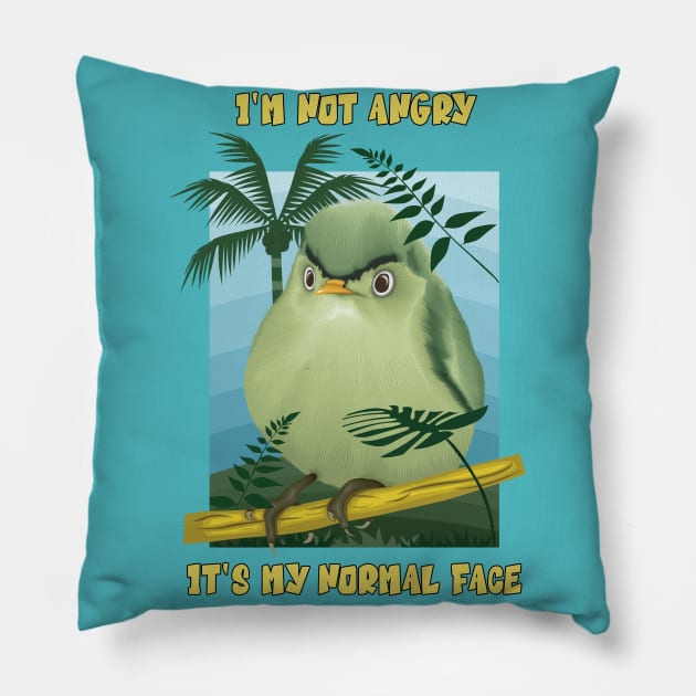 "I'm not angry! It's my normal face" Artwork for an angry funny bird Pillow by Ghean