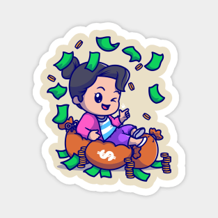 Cute Rich Girl With Money Cartoon Magnet