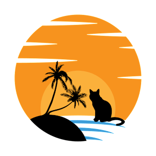 Cat looking at Sunset at the beach illustration T-Shirt