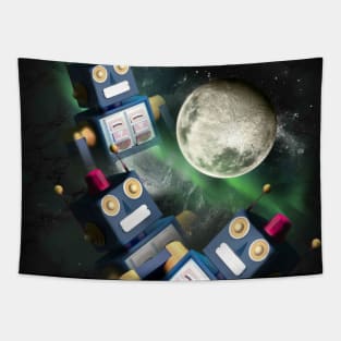 3 Robot Moon, Wolf Robots, Wolves Howling Tapestry