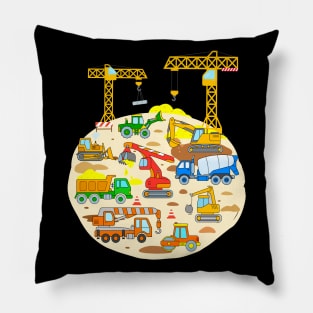 Construction Vehicle Design with Trucks Digger Bulldozer Cranes Pillow