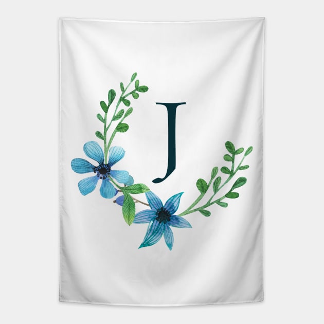 Floral Monogram J Pretty Blue Flowers Tapestry by floralmonogram