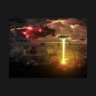 Stunning Alien Spaceships over City - Colorful T-Shirt