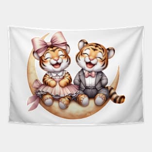 Valentine Happy Tiger Couple On Moon Tapestry