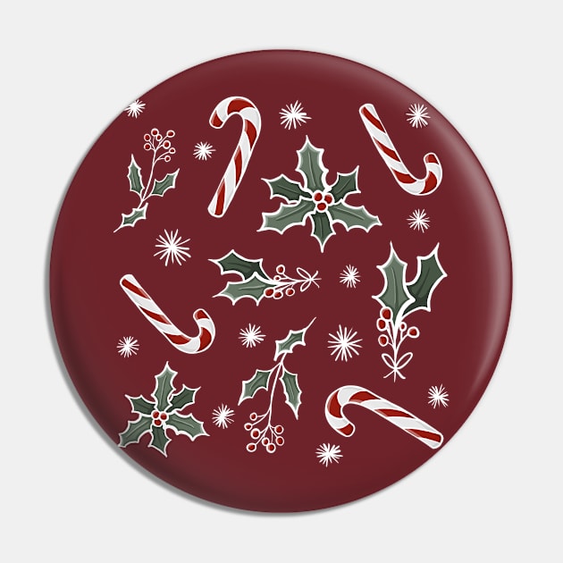 Boughs Of Holly and Candy Canes Festive Pattern Digital Illustration Pin by AlmightyClaire