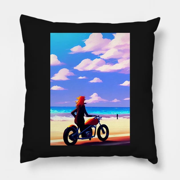 COOL RED HEADED GIRL ON BEACH WITH MOTORCYCLE RETRO Pillow by sailorsam1805