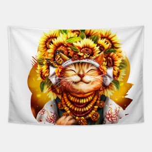 Ukrainian cat in folk costume, wearing a wreath of sunflowers, basking in the sun Tapestry