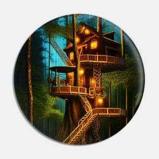 Magical Cottage Tree House with Lights in Forest with High Trees, Scenery Nature Pin