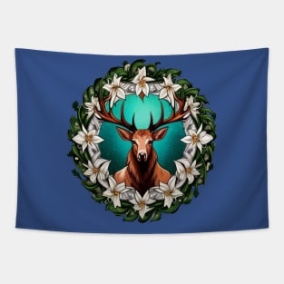 Elk Surrounded By A Wreath Of Sego Lily Tattoo Style Art Tapestry