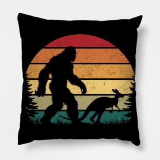 Bigfoot Walking With a Kangaroo Vintage Retro Sunset Aussie Pillow