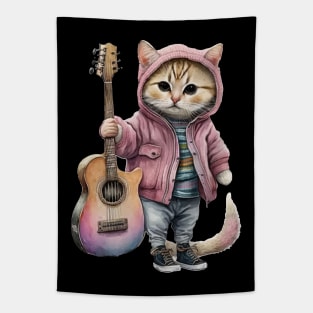 Cute Little Cat With a Guitar Wearing Pink Jacket Tapestry