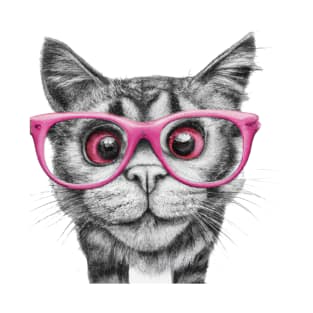 pencil black and white drawing of curious cat wearing light pink colored glasses art T-Shirt