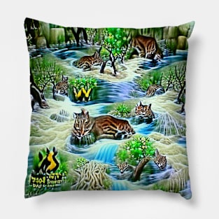 Abstract Wild Cats On Grass In Stream  A.I. Generated Pillow