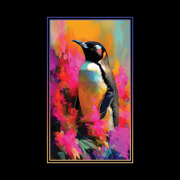 Penguin Vibrant Tropical Flower Tall Digital Oil Painting Portrait by ArtHouseFlunky