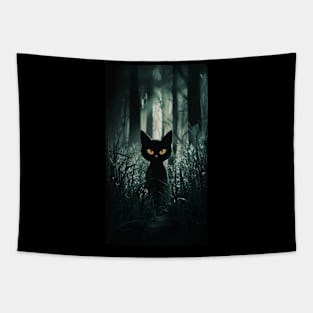 Black cat in dark forest Tapestry