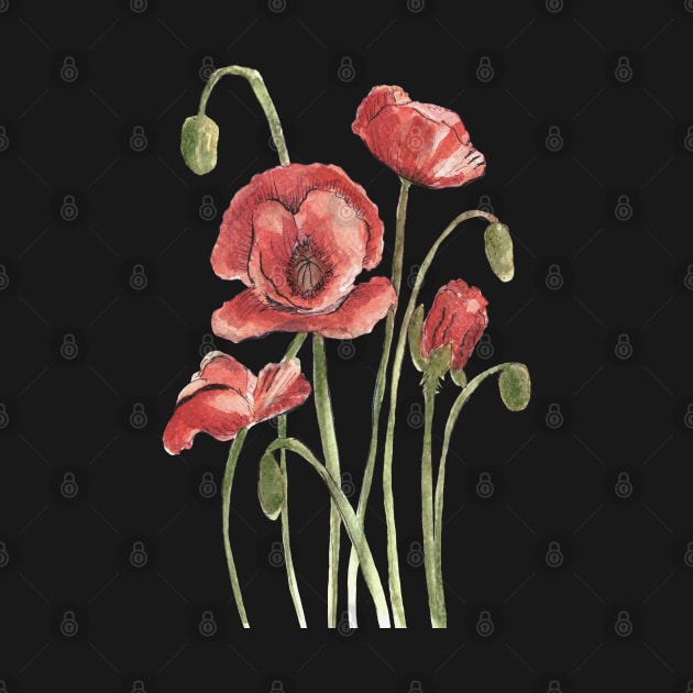 Red Poppy Flowers Watercolor Painting by Ratna Arts