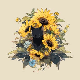 Cute Black Cat surrounded by sunflowers! T-Shirt