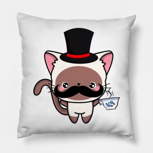 Sophisticated White Cat Drinking Tea wearing a top hat Pillow