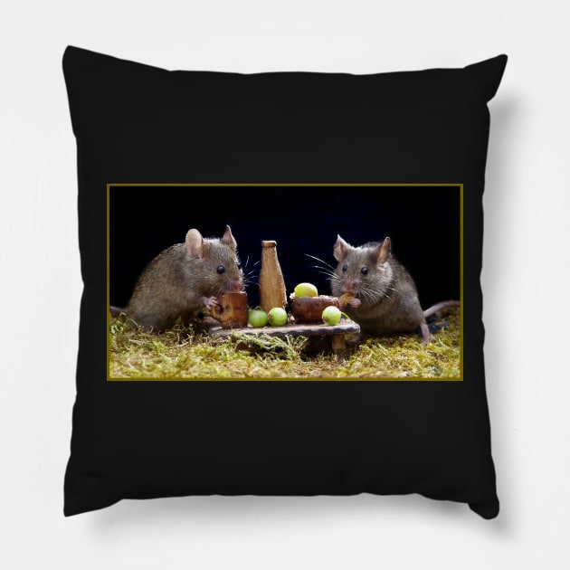 George the mouse in a log pile house . two wild mice having dinner Pillow by Simon-dell