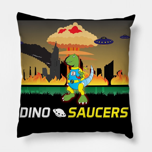 Dinosaur with Flying Saucers Pillow by thebuniverse