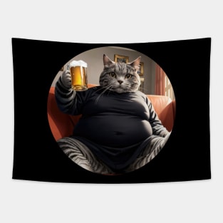 Fat cat with glass of beer Tapestry