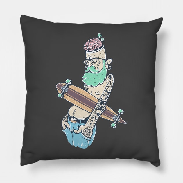 Hipster with Skateboard and Brains Pillow by bluerockproducts
