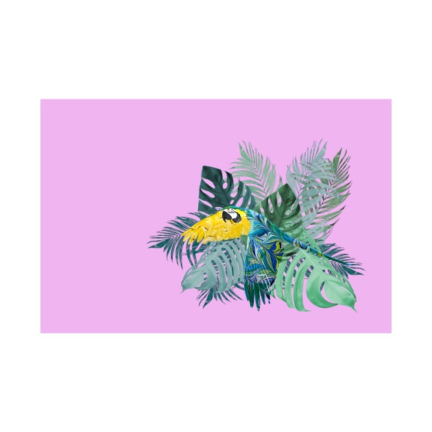 Tropical Marbled Paper Parrot with Jungle Leaves-Pink by MarbleCloud