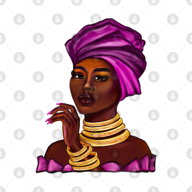 Queen side eye Black is beautiful black girl with Gold bangles, neck ring necklace, purple dress and head wrap, brown eyes and dark brown skin ! by Artonmytee