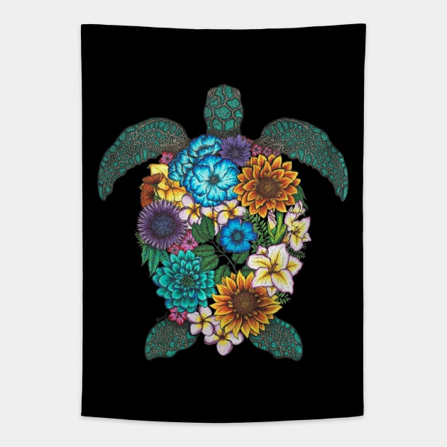 Floral Turtle Black Background Tapestry by SamuelJ