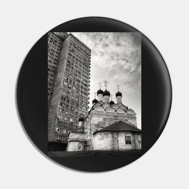 Black and white photograph of Russian orthodox church with spires and public highrise housing project in the background. Moscow, Russia Pin by Reinvention