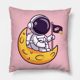 Cute Astronaut Holding Flag On Moon Cartoon Pillow