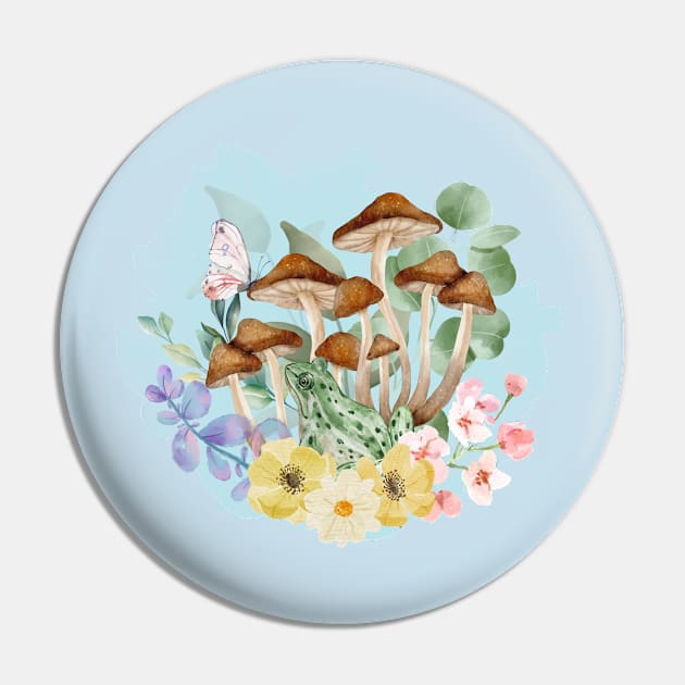 Watercolor Mushroom and Frog Botanical Graphic Tee Pin by Blue Raccoon Creative