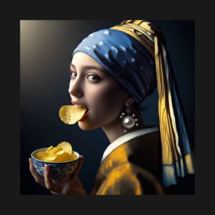 Girl with Pearl Earrings Snacking: Celebrate National Potato Chip Day T-Shirt