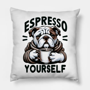 "Warm Espresso Bulldog - Cozy Coffee Humor" Pillow