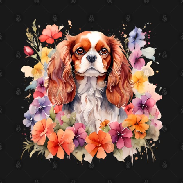 A cavalier king charles spaniel decorated with beautiful watercolor flowers by CreativeSparkzz