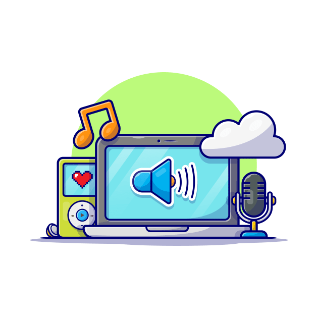 Cloud Music with Laptop, Microphone, Music Player and Note of Music Cartoon Vector Icon Illustration by Catalyst Labs