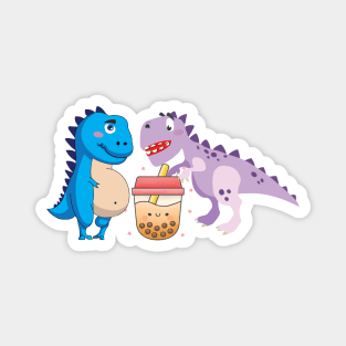 Blue and Purple Dino drinking boba milk tea Magnet