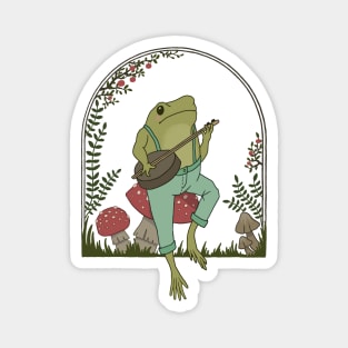 Cottagecore Aesthetic, Cute Frog Playing Banjo on Mushroom, Goblincore Mushroom Lover Magnet