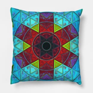Mosaic Kaleidoscope Flower Red Blue and Green Pillow