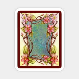 red flowers, spring tree branch border, tie dye abstract Magnet